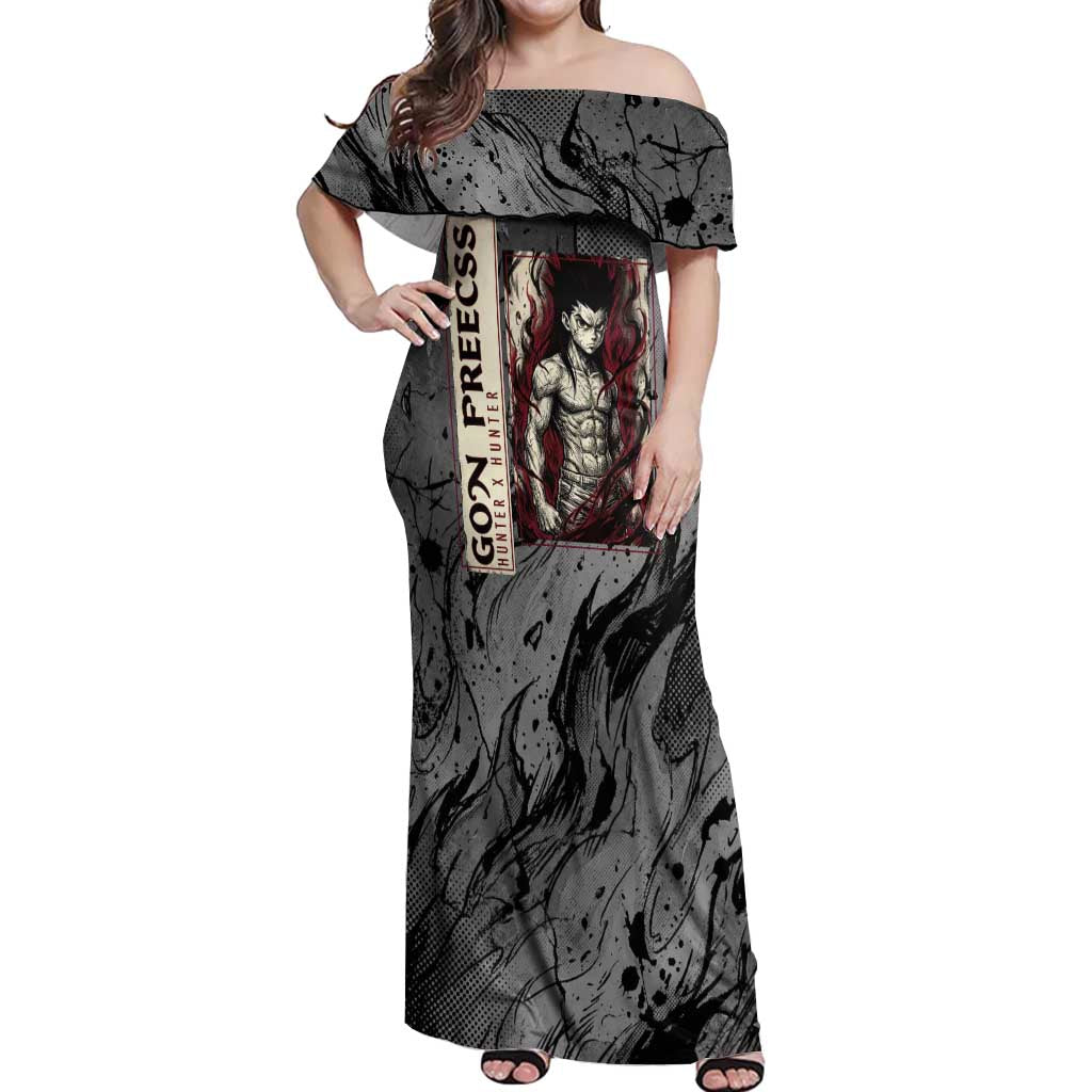 Gon Freecss Hunter x Hunter Dark Grunge Design Off Shoulder Maxi Dress with Transformation Artwork and Anime Graphic Elements - The Mazicc