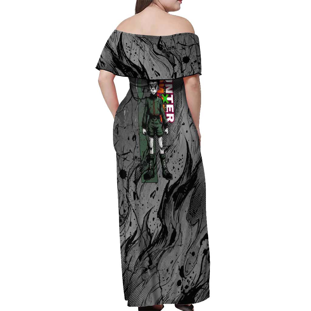 Gon Freecss Hunter x Hunter Dark Grunge Design Off Shoulder Maxi Dress with Transformation Artwork and Anime Graphic Elements - The Mazicc