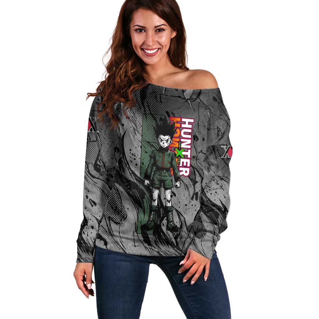 Gon Freecss Hunter x Hunter Dark Grunge Design Off Shoulder Sweater with Transformation Artwork and Anime Graphic Elements - The Mazicc