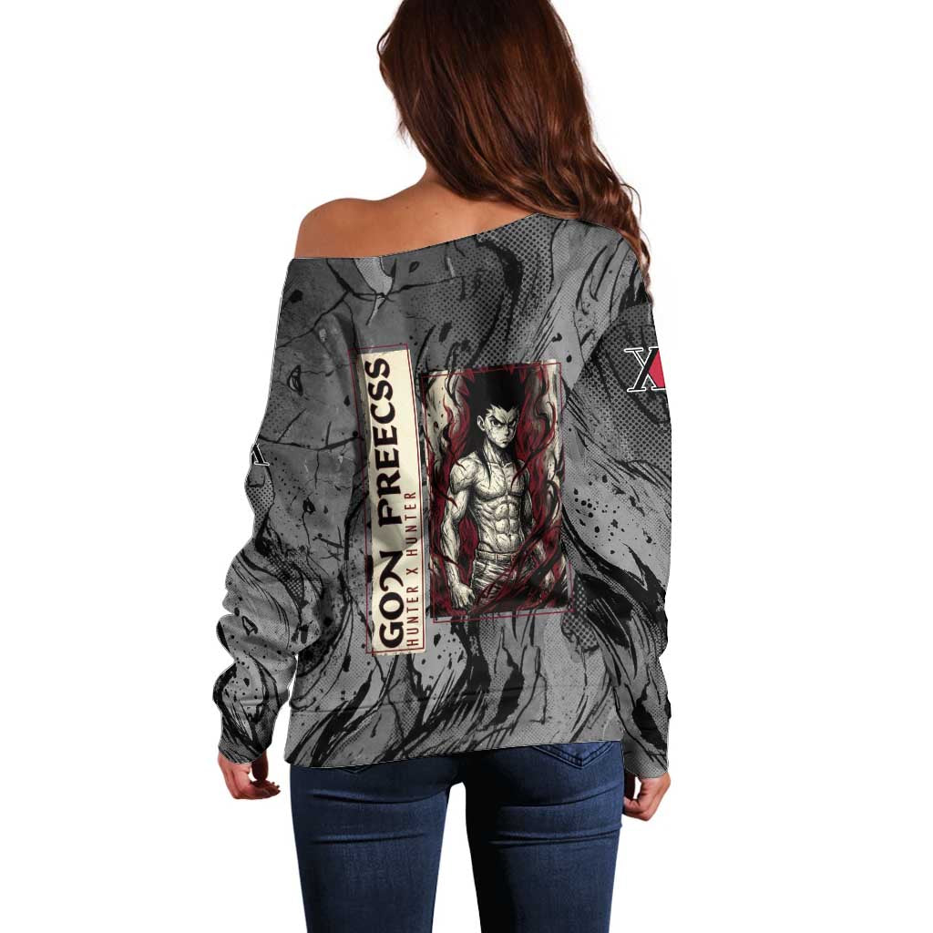 Gon Freecss Hunter x Hunter Dark Grunge Design Off Shoulder Sweater with Transformation Artwork and Anime Graphic Elements - The Mazicc