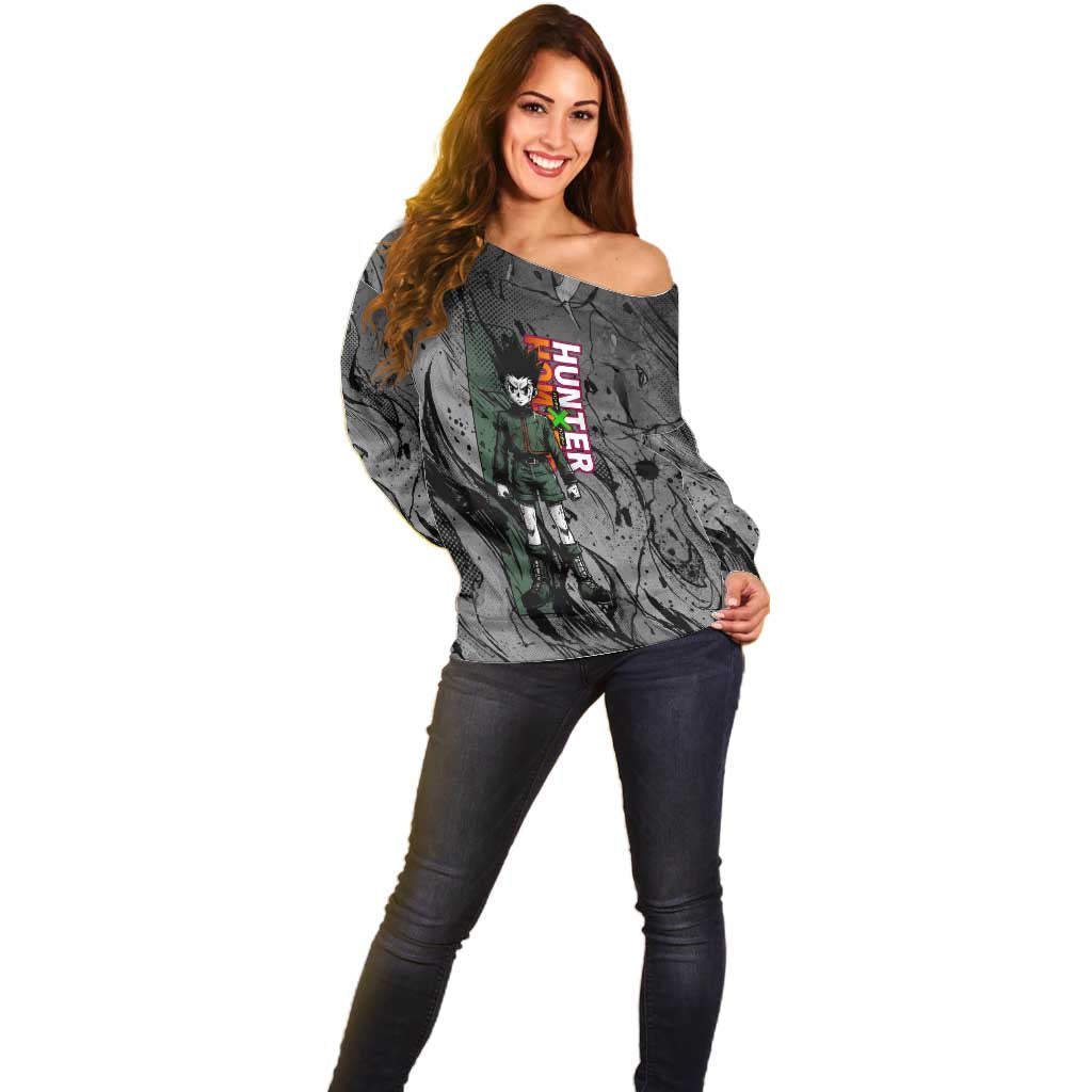 Gon Freecss Hunter x Hunter Dark Grunge Design Off Shoulder Sweater with Transformation Artwork and Anime Graphic Elements - The Mazicc