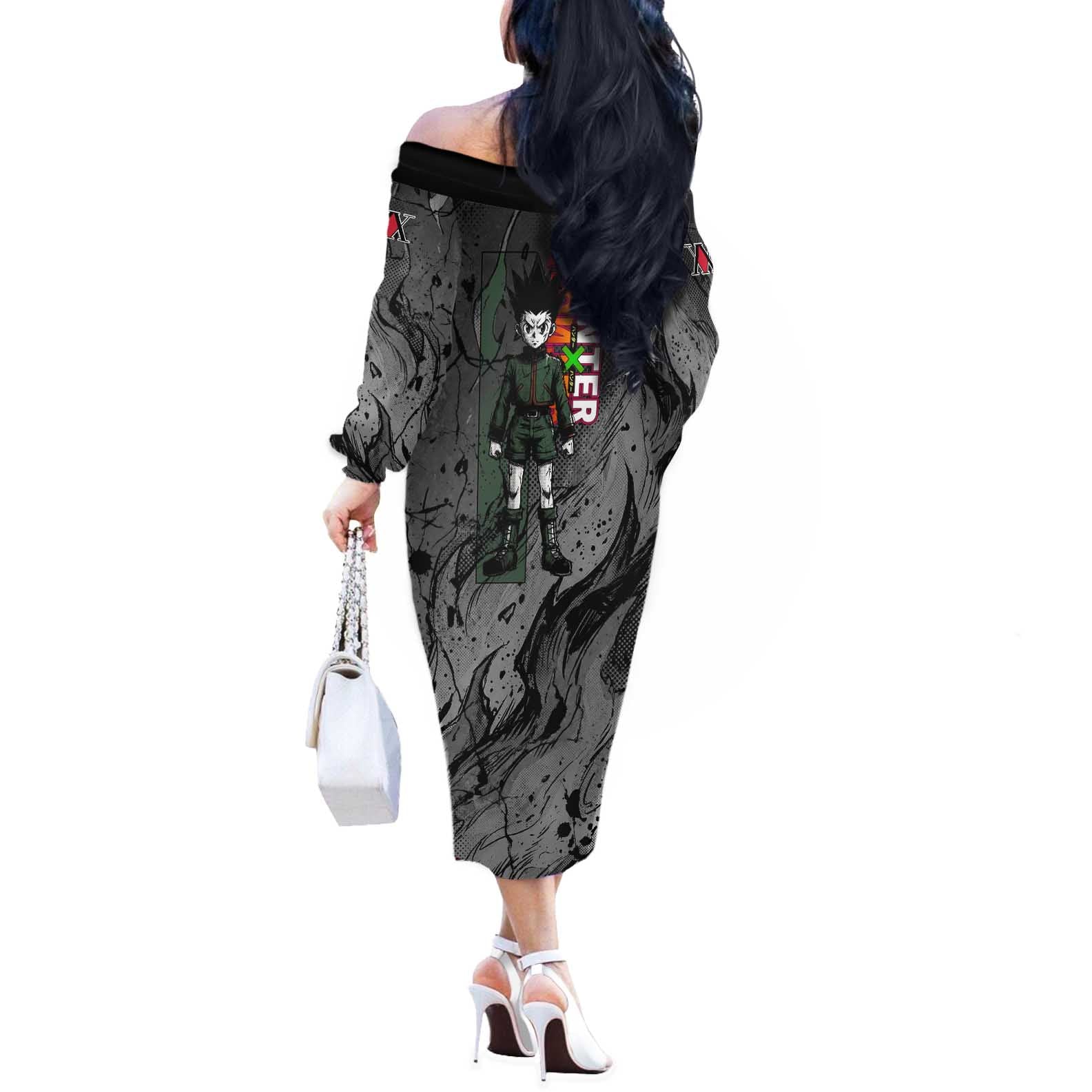 Gon Freecss Hunter x Hunter Dark Grunge Design Off The Shoulder Long Sleeve Dress with Transformation Artwork and Anime Graphic Elements - The Mazicc