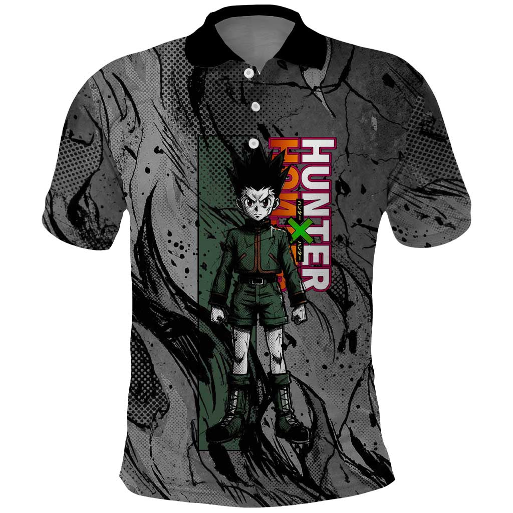 Gon Freecss Hunter x Hunter Dark Grunge Design Polo Shirt with Transformation Artwork and Anime Graphic Elements - The Mazicc