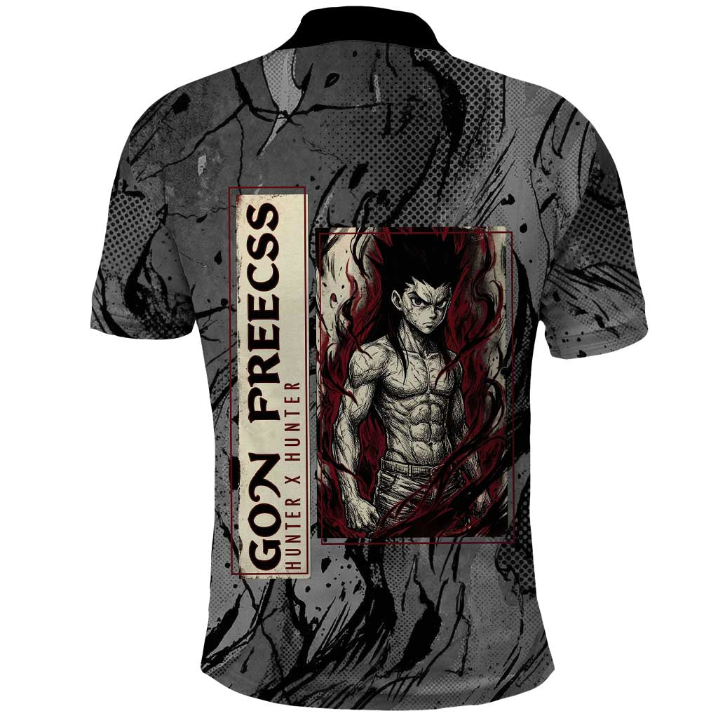 Gon Freecss Hunter x Hunter Dark Grunge Design Polo Shirt with Transformation Artwork and Anime Graphic Elements - The Mazicc