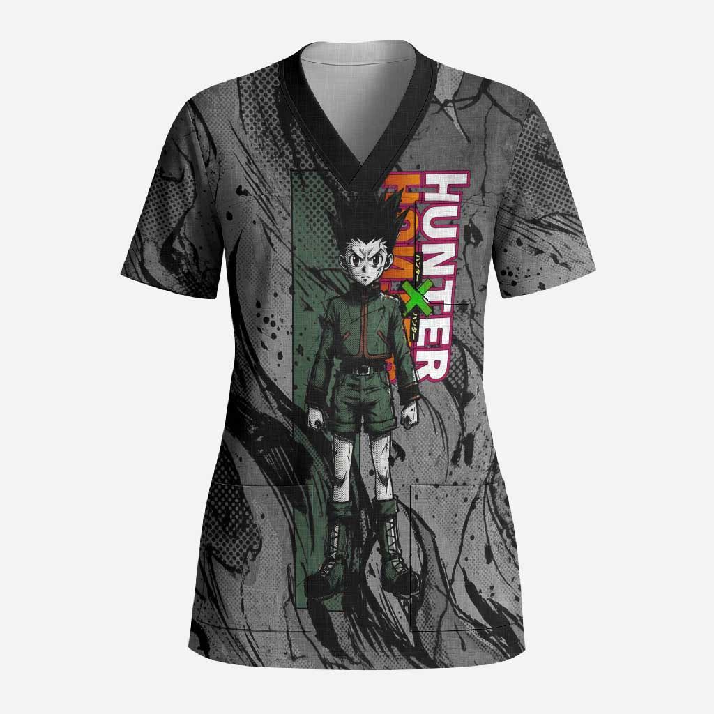 Gon Freecss Hunter x Hunter Dark Grunge Design Scrub Top with Transformation Artwork and Anime Graphic Elements - The Mazicc