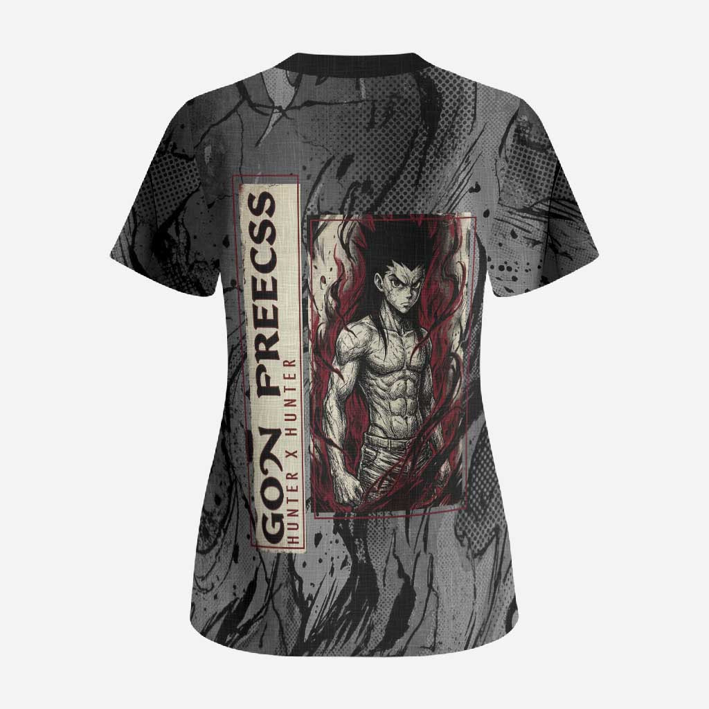 Gon Freecss Hunter x Hunter Dark Grunge Design Scrub Top with Transformation Artwork and Anime Graphic Elements - The Mazicc