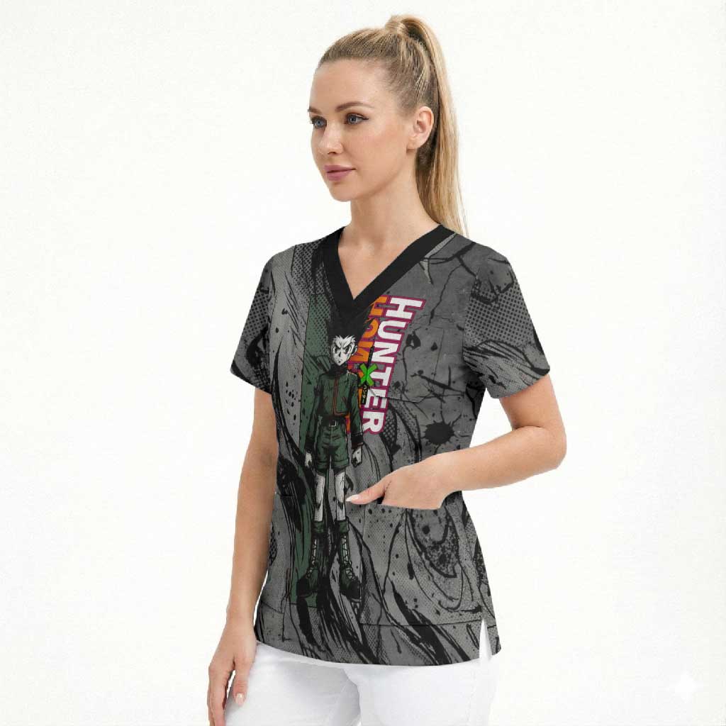 Gon Freecss Hunter x Hunter Dark Grunge Design Scrub Top with Transformation Artwork and Anime Graphic Elements - The Mazicc