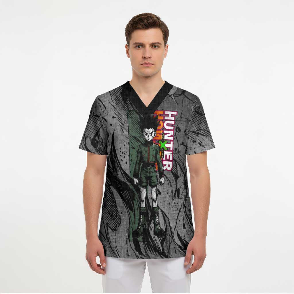 Gon Freecss Hunter x Hunter Dark Grunge Design Scrub Top with Transformation Artwork and Anime Graphic Elements - The Mazicc