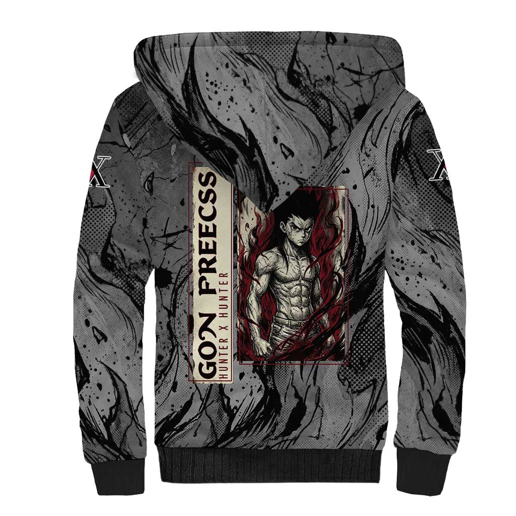 Gon Freecss Hunter x Hunter Dark Grunge Design Sherpa Hoodie with Transformation Artwork and Anime Graphic Elements - The Mazicc