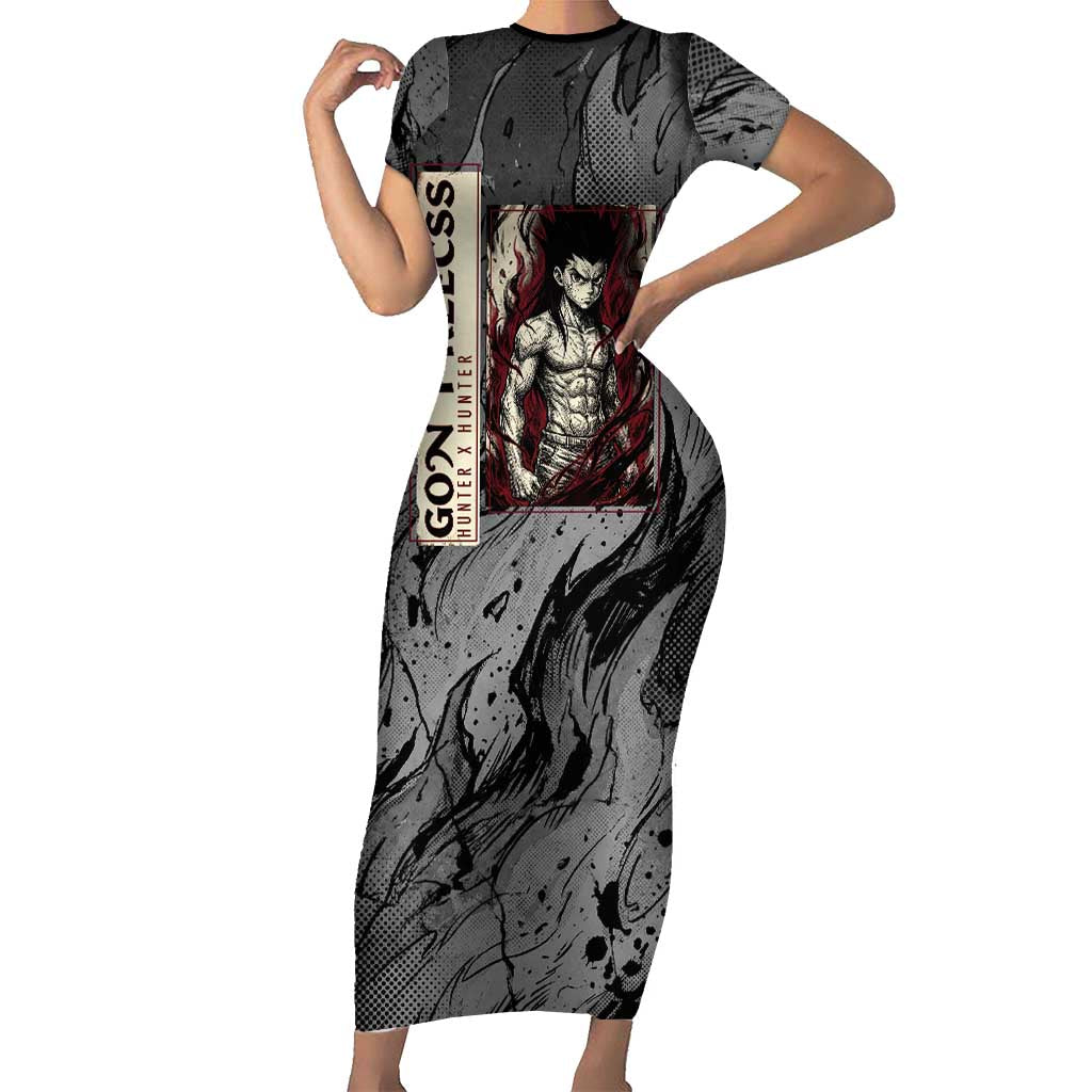 Gon Freecss Hunter x Hunter Dark Grunge Design Short Sleeve Bodycon Dress with Transformation Artwork and Anime Graphic Elements - The Mazicc