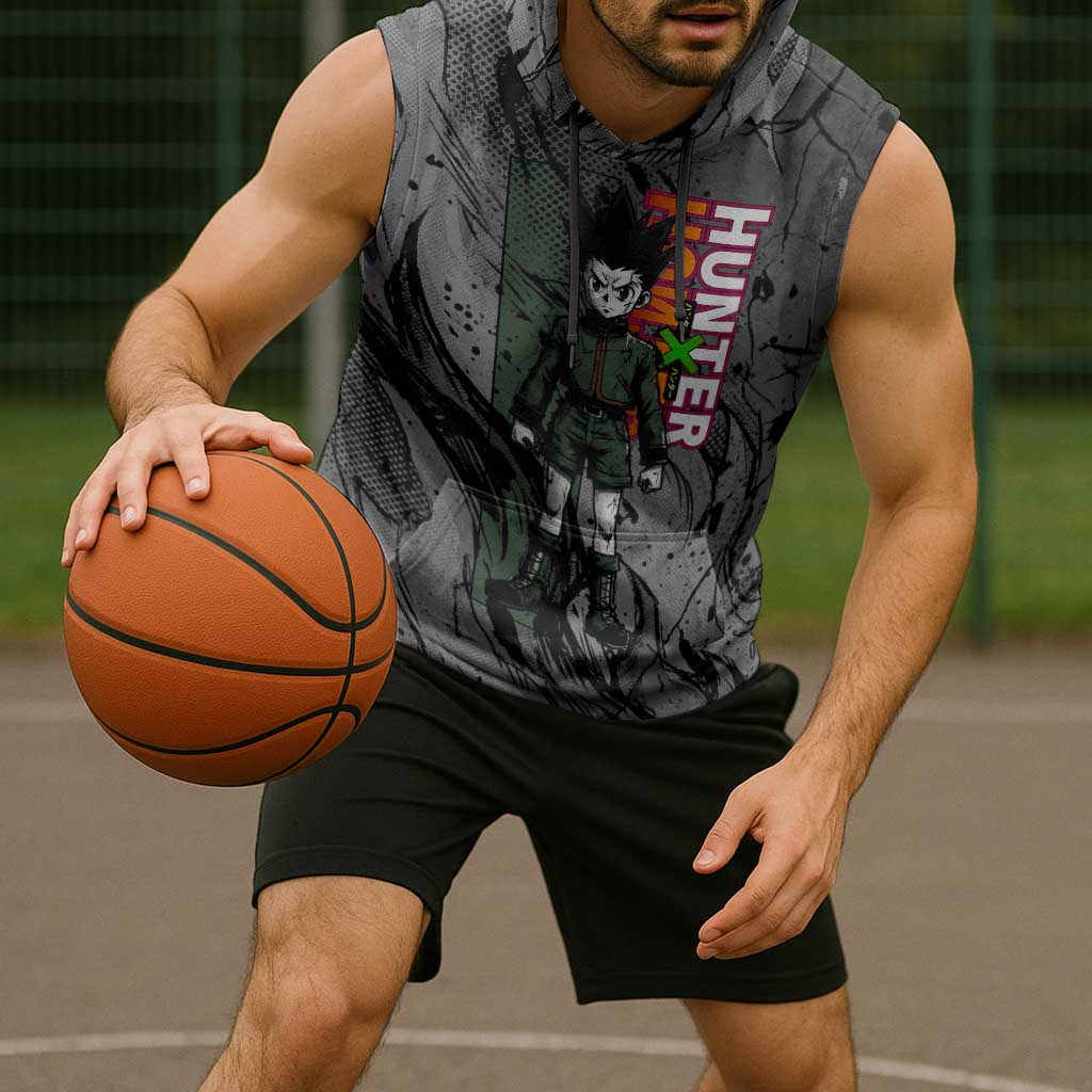Gon Freecss Hunter x Hunter Dark Grunge Design Sleeveless Hoodie with Transformation Artwork and Anime Graphic Elements - The Mazicc
