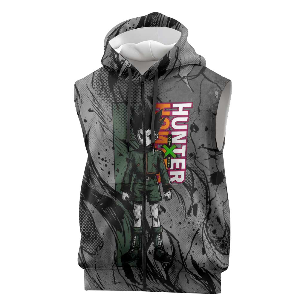 Gon Freecss Hunter x Hunter Dark Grunge Design Sleeveless Zip Hoodie with Transformation Artwork and Anime Graphic Elements - The Mazicc