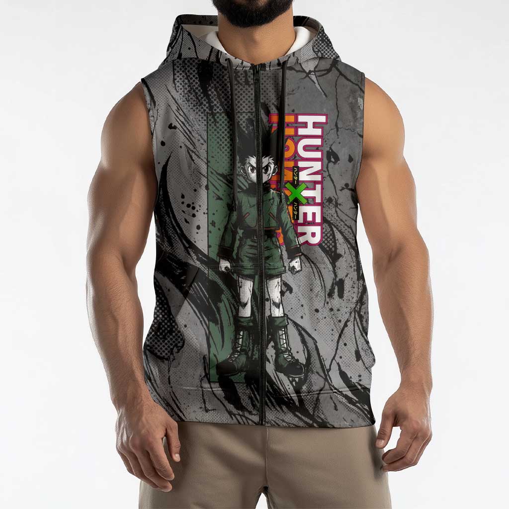 Gon Freecss Hunter x Hunter Dark Grunge Design Sleeveless Zip Hoodie with Transformation Artwork and Anime Graphic Elements - The Mazicc
