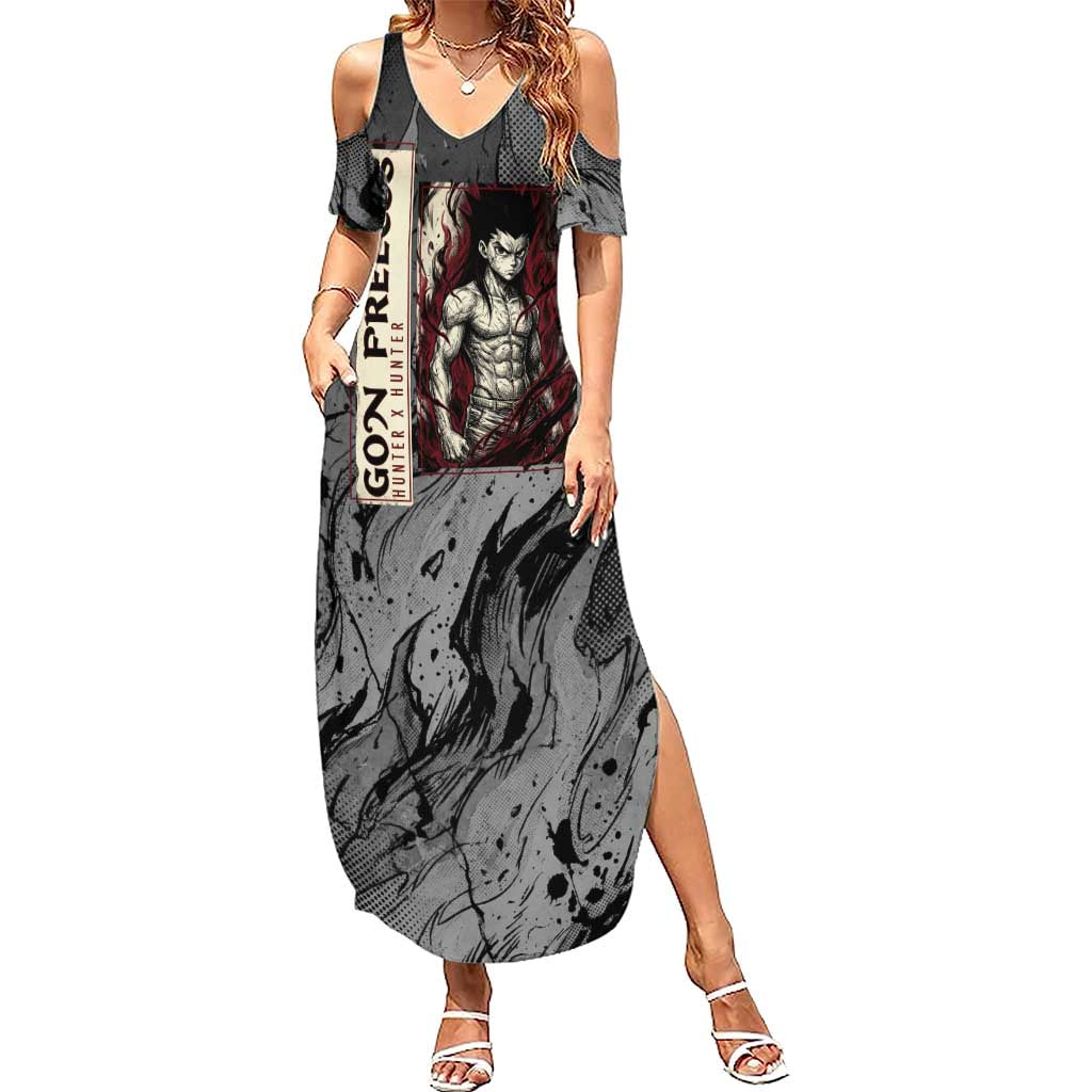 Gon Freecss Hunter x Hunter Dark Grunge Design Summer Maxi Dress with Transformation Artwork and Anime Graphic Elements - The Mazicc