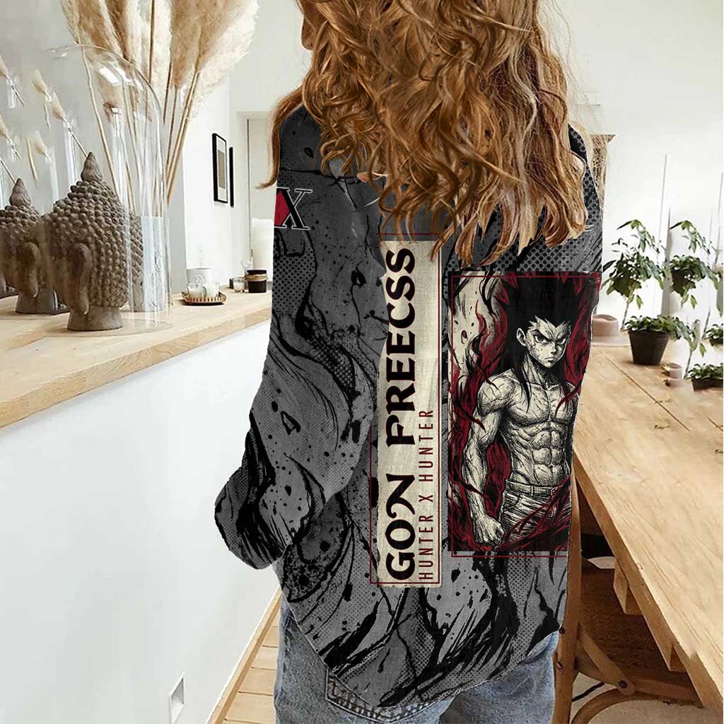 Gon Freecss Hunter x Hunter Dark Grunge Design Women Casual Shirt with Transformation Artwork and Anime Graphic Elements - The Mazicc