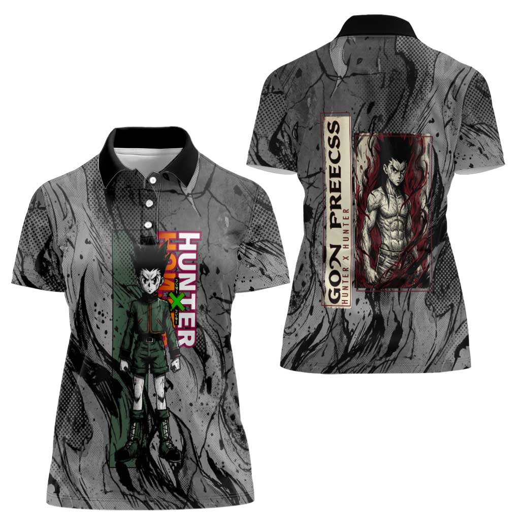 Gon Freecss Hunter x Hunter Dark Grunge Design Women Polo Shirt with Transformation Artwork and Anime Graphic Elements - The Mazicc