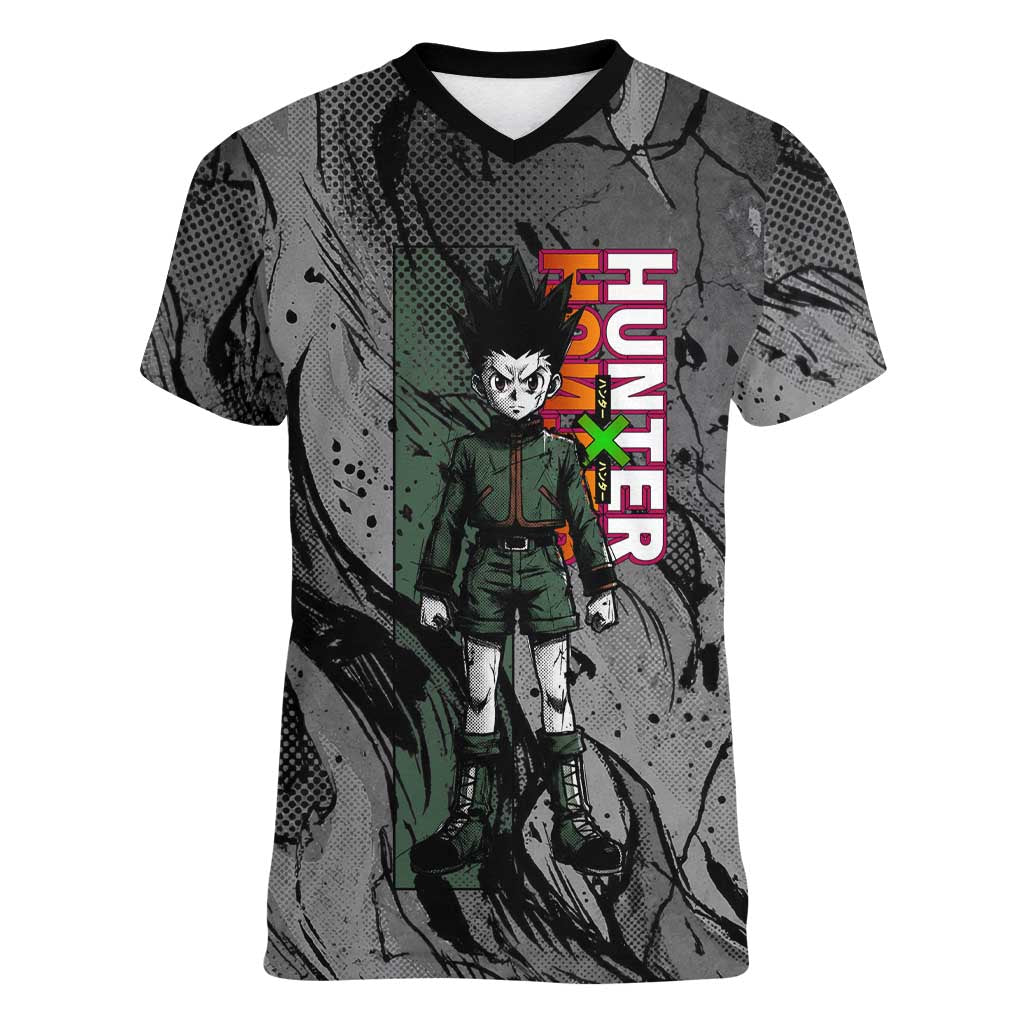 Gon Freecss Hunter x Hunter Dark Grunge Design Women V-Neck T-Shirt with Transformation Artwork and Anime Graphic Elements - The Mazicc