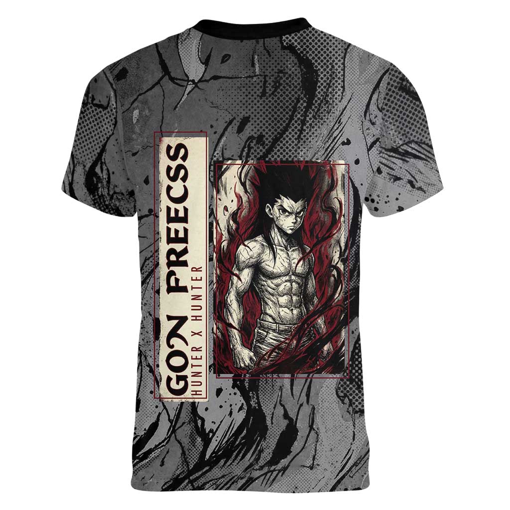 Gon Freecss Hunter x Hunter Dark Grunge Design Women V-Neck T-Shirt with Transformation Artwork and Anime Graphic Elements - The Mazicc