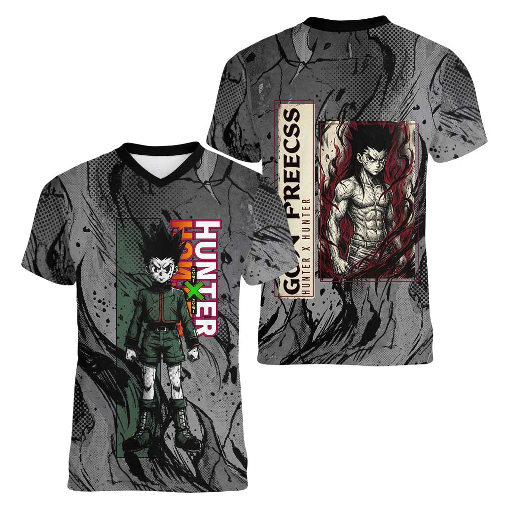 Gon Freecss Hunter x Hunter Dark Grunge Design Women V-Neck T-Shirt with Transformation Artwork and Anime Graphic Elements - The Mazicc
