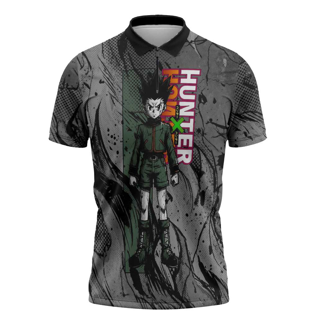 Gon Freecss Hunter x Hunter Dark Grunge Design Zipper Polo Shirt with Transformation Artwork and Anime Graphic Elements - The Mazicc
