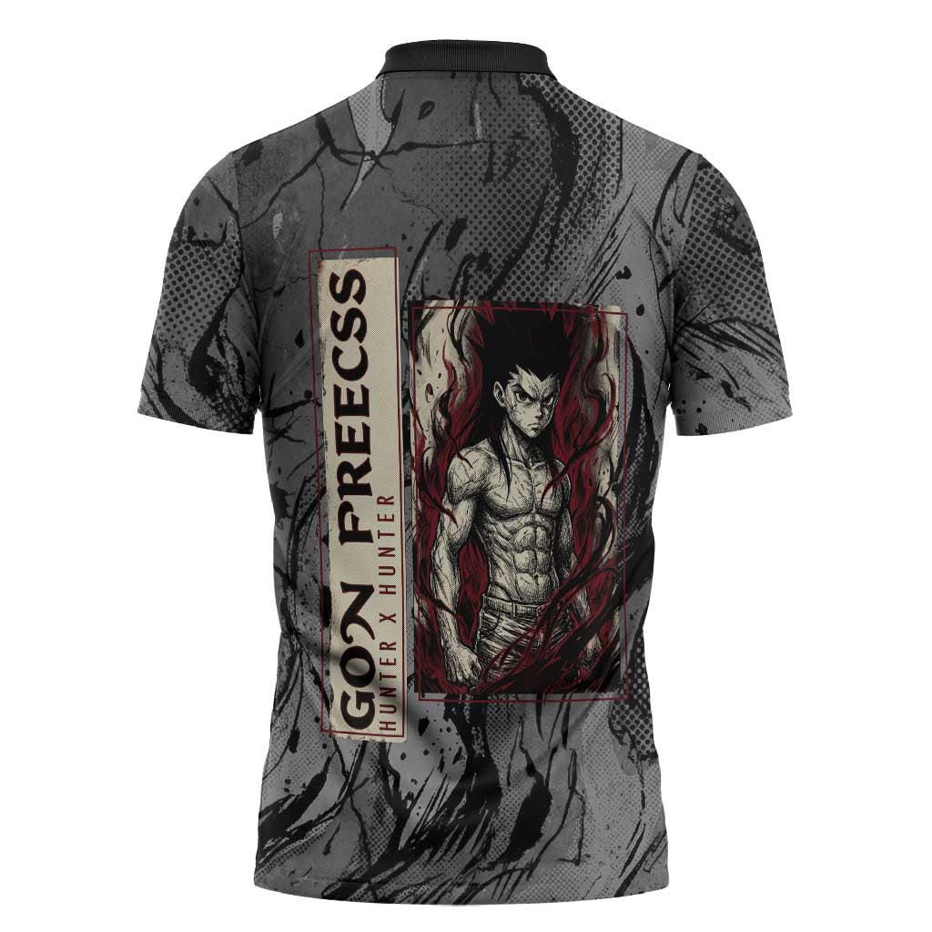Gon Freecss Hunter x Hunter Dark Grunge Design Zipper Polo Shirt with Transformation Artwork and Anime Graphic Elements - The Mazicc