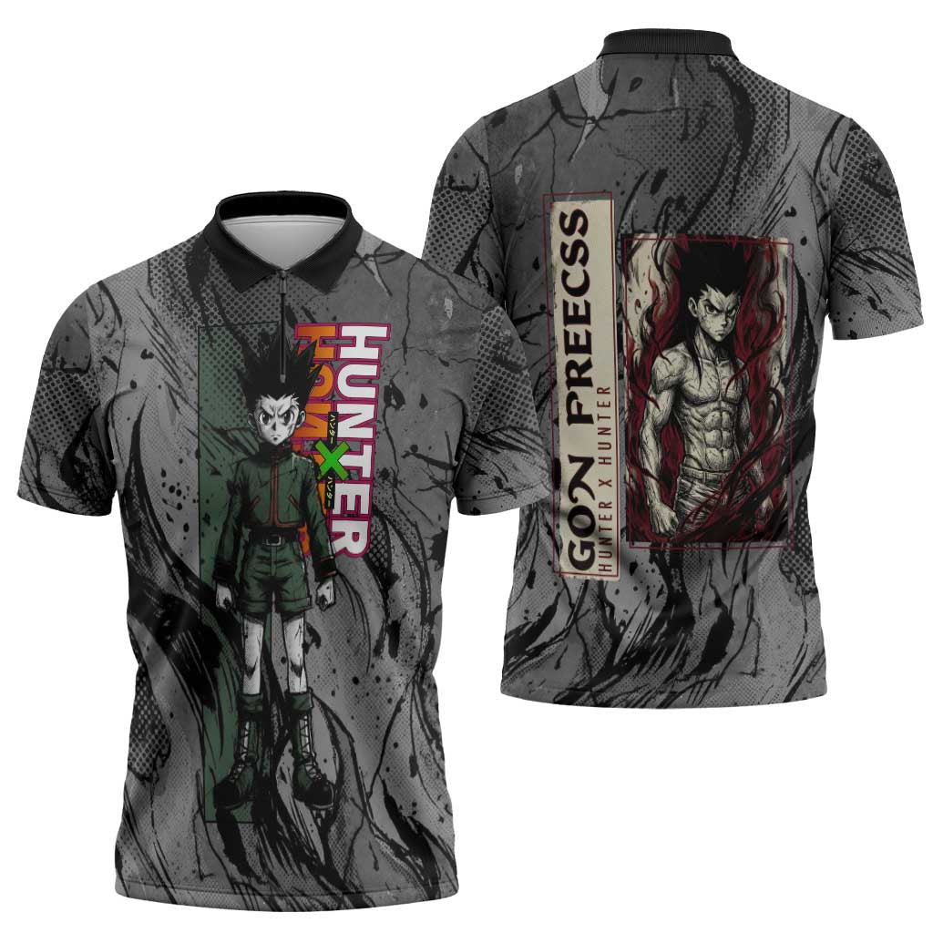 Gon Freecss Hunter x Hunter Dark Grunge Design Zipper Polo Shirt with Transformation Artwork and Anime Graphic Elements - The Mazicc