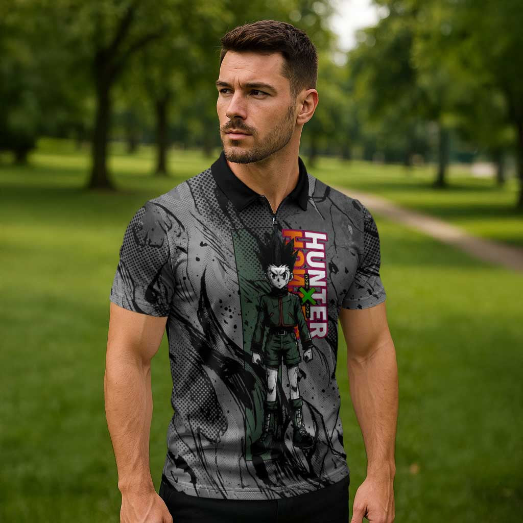 Gon Freecss Hunter x Hunter Dark Grunge Design Zipper Polo Shirt with Transformation Artwork and Anime Graphic Elements - The Mazicc
