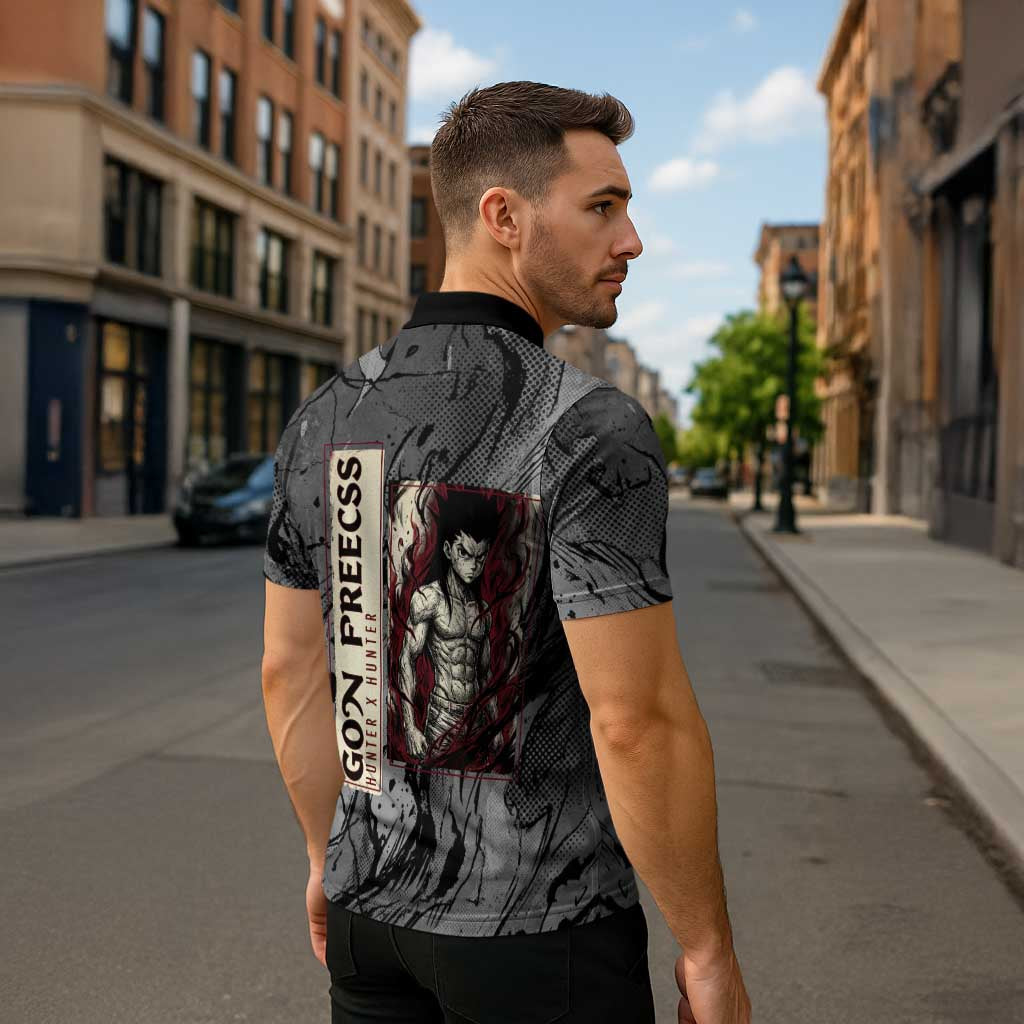 Gon Freecss Hunter x Hunter Dark Grunge Design Zipper Polo Shirt with Transformation Artwork and Anime Graphic Elements - The Mazicc
