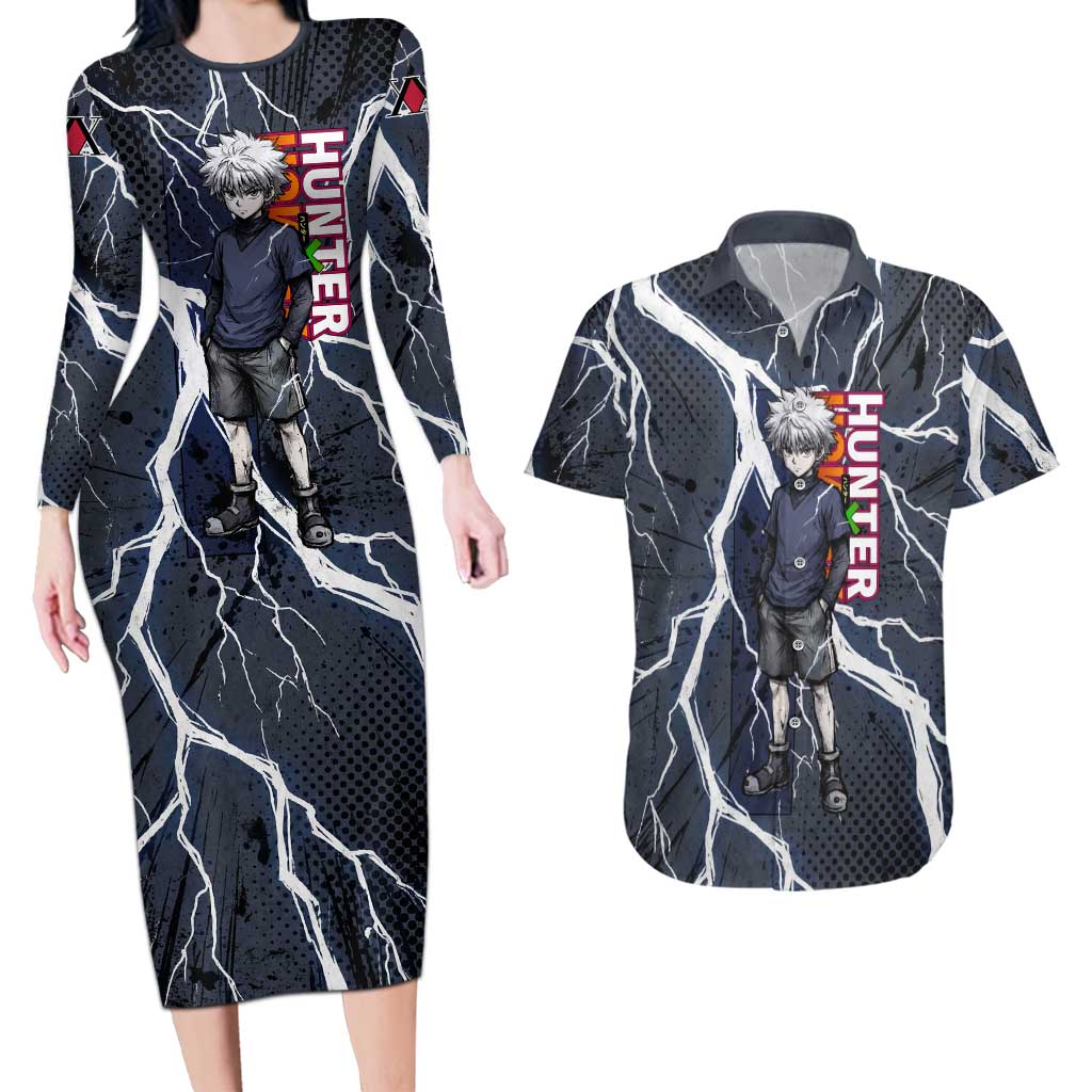 Killua Zoldyck Hunter x Hunter Lightning Aura Design Couples Matching Long Sleeve Bodycon Dress and Hawaiian Shirt with Transformation Artwork and Anime Style Graphics - The Mazicc