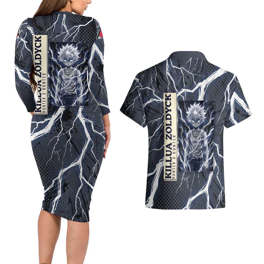 Killua Zoldyck Hunter x Hunter Lightning Aura Design Couples Matching Long Sleeve Bodycon Dress and Hawaiian Shirt with Transformation Artwork and Anime Style Graphics - The Mazicc