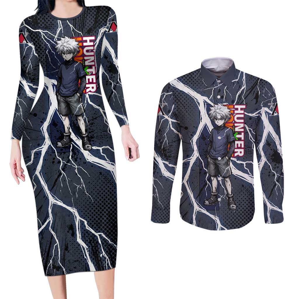 Killua Zoldyck Hunter x Hunter Lightning Aura Design Couples Matching Long Sleeve Bodycon Dress and Long Sleeve Button Shirt with Transformation Artwork and Anime Style Graphics - The Mazicc