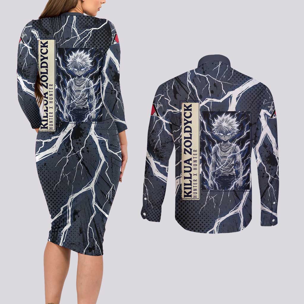 Killua Zoldyck Hunter x Hunter Lightning Aura Design Couples Matching Long Sleeve Bodycon Dress and Long Sleeve Button Shirt with Transformation Artwork and Anime Style Graphics - The Mazicc