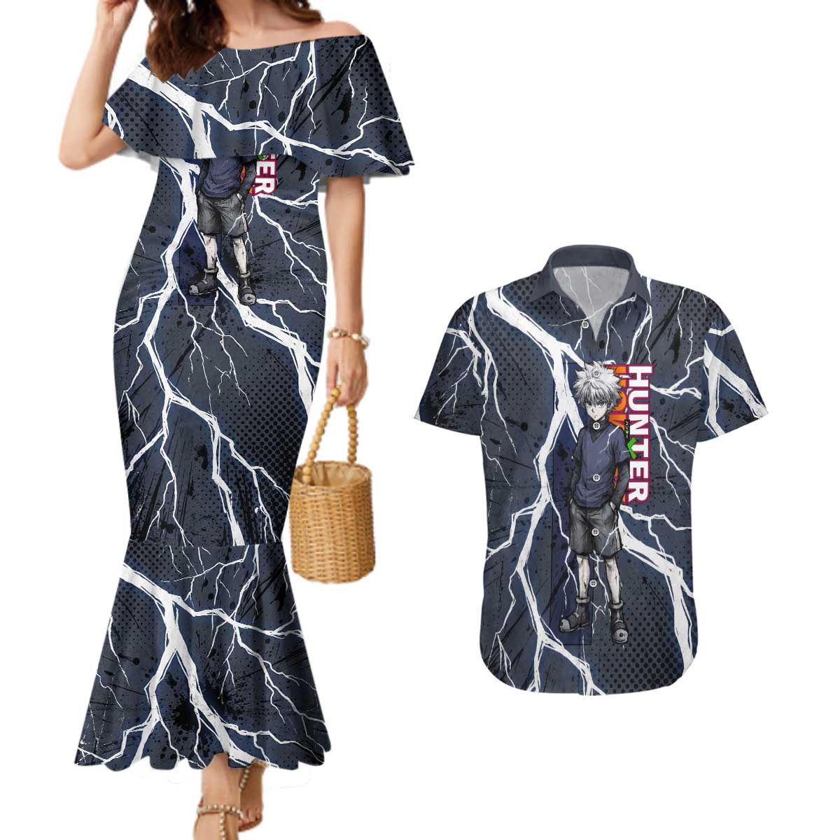 Killua Zoldyck Hunter x Hunter Lightning Aura Design Couples Matching Mermaid Dress and Hawaiian Shirt with Transformation Artwork and Anime Style Graphics - The Mazicc