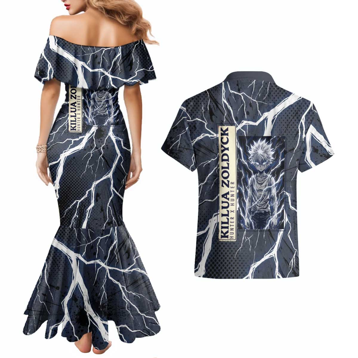 Killua Zoldyck Hunter x Hunter Lightning Aura Design Couples Matching Mermaid Dress and Hawaiian Shirt with Transformation Artwork and Anime Style Graphics - The Mazicc