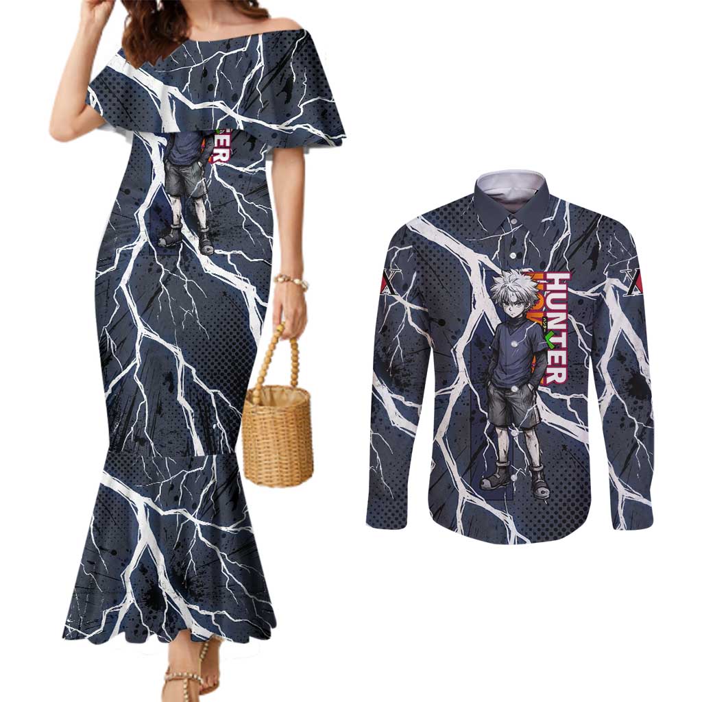 Killua Zoldyck Hunter x Hunter Lightning Aura Design Couples Matching Mermaid Dress and Long Sleeve Button Shirt with Transformation Artwork and Anime Style Graphics - The Mazicc