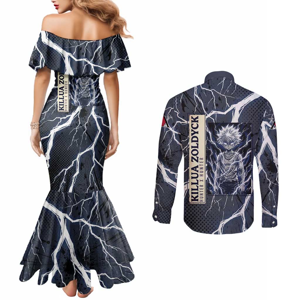 Killua Zoldyck Hunter x Hunter Lightning Aura Design Couples Matching Mermaid Dress and Long Sleeve Button Shirt with Transformation Artwork and Anime Style Graphics - The Mazicc