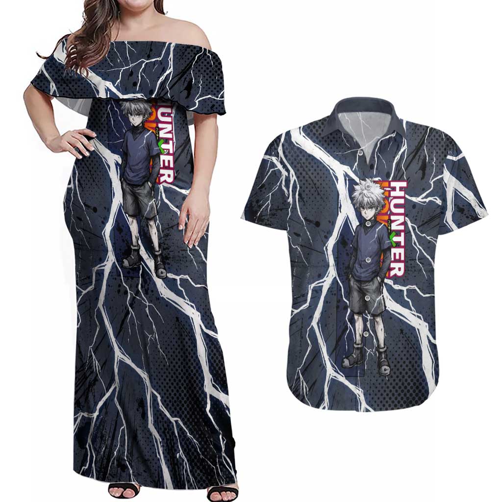 Killua Zoldyck Hunter x Hunter Lightning Aura Design Couples Matching Off Shoulder Maxi Dress and Hawaiian Shirt with Transformation Artwork and Anime Style Graphics - The Mazicc