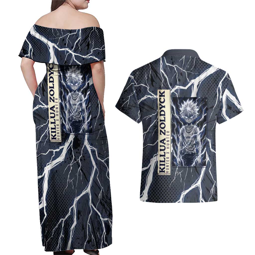 Killua Zoldyck Hunter x Hunter Lightning Aura Design Couples Matching Off Shoulder Maxi Dress and Hawaiian Shirt with Transformation Artwork and Anime Style Graphics - The Mazicc