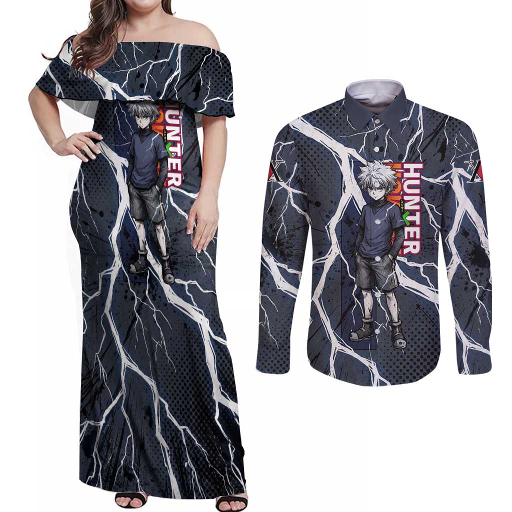 Killua Zoldyck Hunter x Hunter Lightning Aura Design Couples Matching Off Shoulder Maxi Dress and Long Sleeve Button Shirt with Transformation Artwork and Anime Style Graphics - The Mazicc