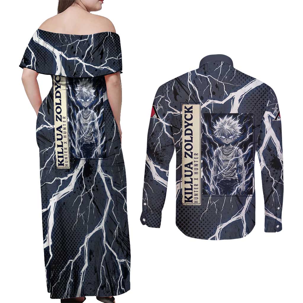 Killua Zoldyck Hunter x Hunter Lightning Aura Design Couples Matching Off Shoulder Maxi Dress and Long Sleeve Button Shirt with Transformation Artwork and Anime Style Graphics - The Mazicc