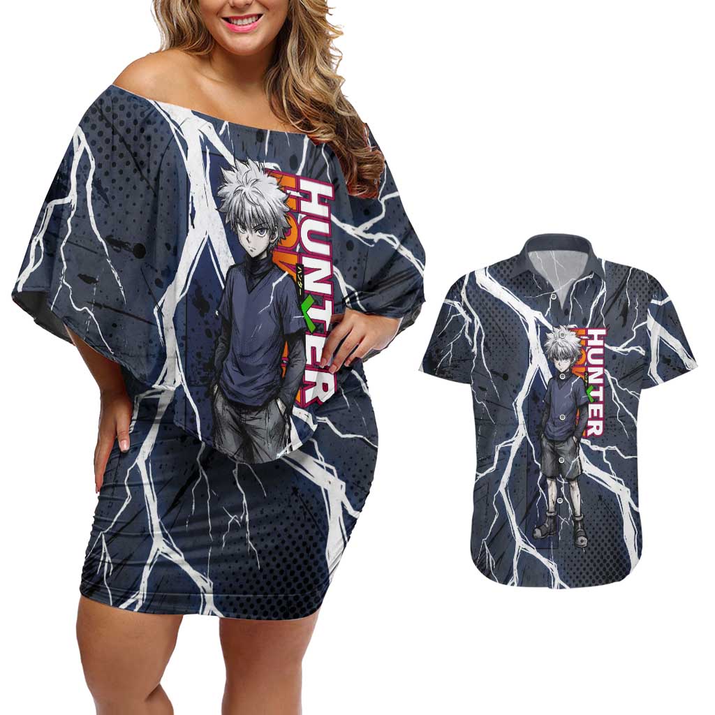 Killua Zoldyck Hunter x Hunter Lightning Aura Design Couples Matching Off Shoulder Short Dress and Hawaiian Shirt with Transformation Artwork and Anime Style Graphics - The Mazicc