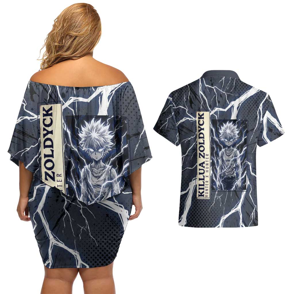 Killua Zoldyck Hunter x Hunter Lightning Aura Design Couples Matching Off Shoulder Short Dress and Hawaiian Shirt with Transformation Artwork and Anime Style Graphics - The Mazicc
