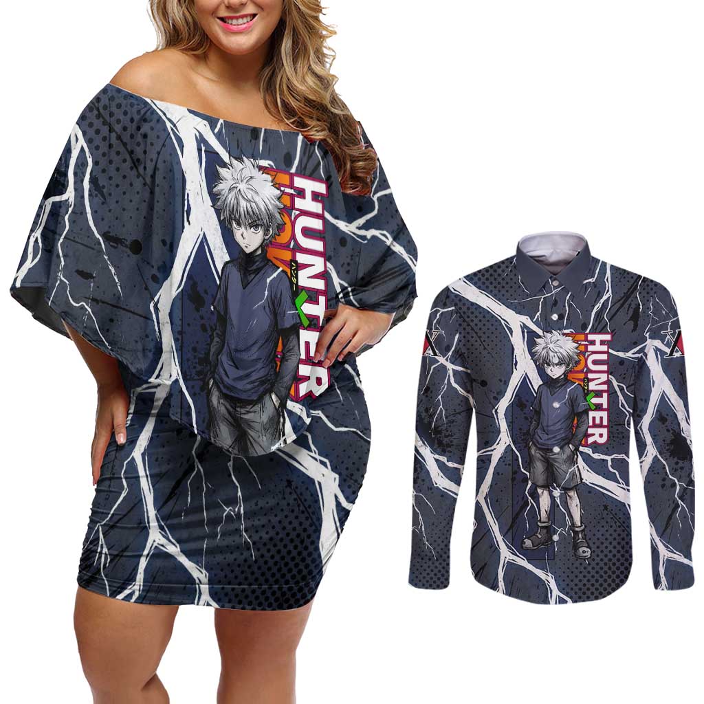 Killua Zoldyck Hunter x Hunter Lightning Aura Design Couples Matching Off Shoulder Short Dress and Long Sleeve Button Shirt with Transformation Artwork and Anime Style Graphics - The Mazicc