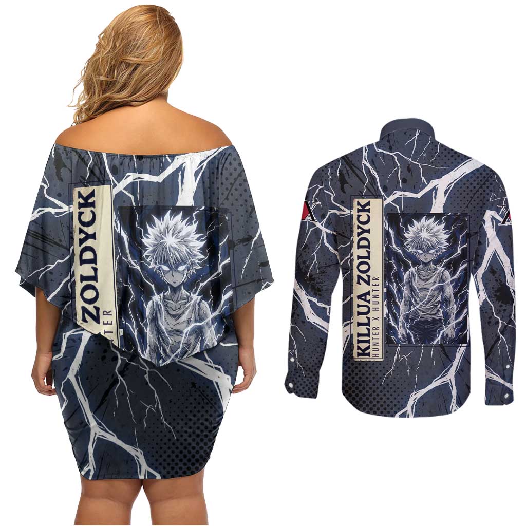 Killua Zoldyck Hunter x Hunter Lightning Aura Design Couples Matching Off Shoulder Short Dress and Long Sleeve Button Shirt with Transformation Artwork and Anime Style Graphics - The Mazicc