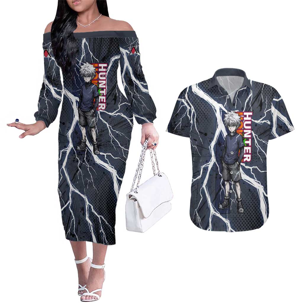 Killua Zoldyck Hunter x Hunter Lightning Aura Design Couples Matching Off The Shoulder Long Sleeve Dress and Hawaiian Shirt with Transformation Artwork and Anime Style Graphics - The Mazicc