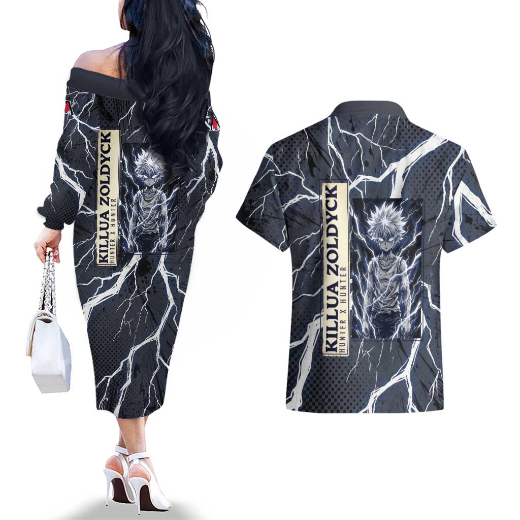 Killua Zoldyck Hunter x Hunter Lightning Aura Design Couples Matching Off The Shoulder Long Sleeve Dress and Hawaiian Shirt with Transformation Artwork and Anime Style Graphics - The Mazicc