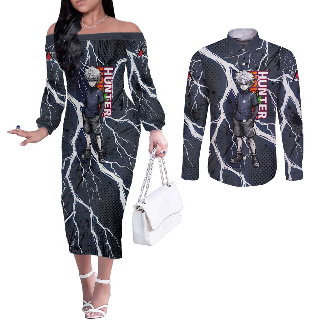 Killua Zoldyck Hunter x Hunter Lightning Aura Design Couples Matching Off The Shoulder Long Sleeve Dress and Long Sleeve Button Shirt with Transformation Artwork and Anime Style Graphics - The Mazicc