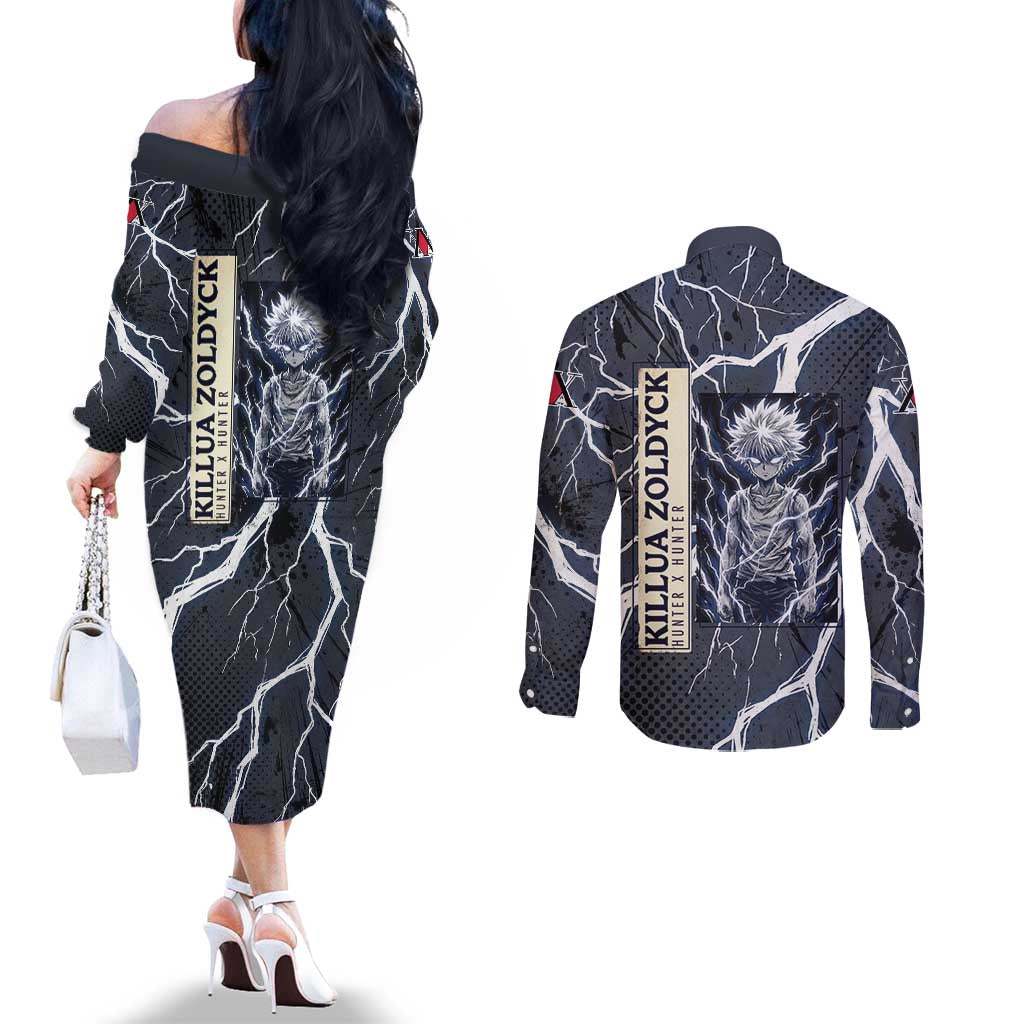 Killua Zoldyck Hunter x Hunter Lightning Aura Design Couples Matching Off The Shoulder Long Sleeve Dress and Long Sleeve Button Shirt with Transformation Artwork and Anime Style Graphics - The Mazicc