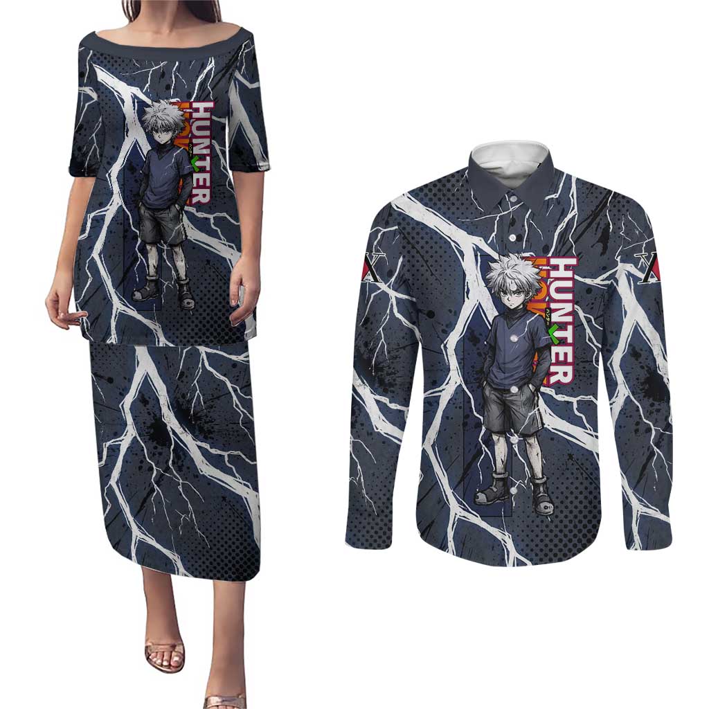 Killua Zoldyck Hunter x Hunter Lightning Aura Design Couples Matching Puletasi and Long Sleeve Button Shirt with Transformation Artwork and Anime Style Graphics - The Mazicc