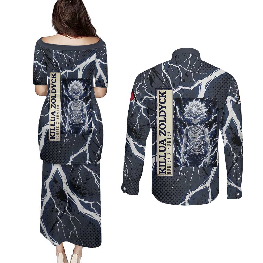 Killua Zoldyck Hunter x Hunter Lightning Aura Design Couples Matching Puletasi and Long Sleeve Button Shirt with Transformation Artwork and Anime Style Graphics - The Mazicc